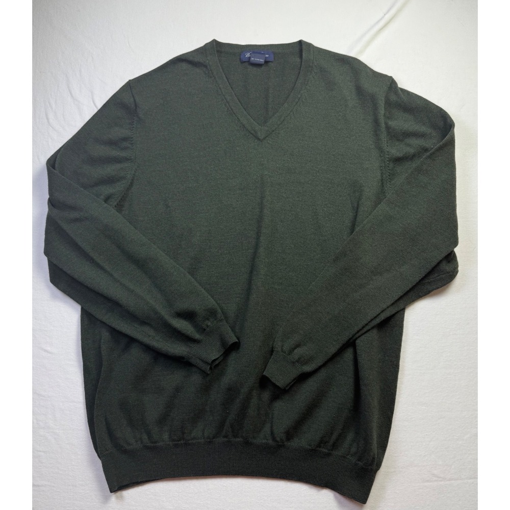 Brooks Brothers Mens XL Merino Wool Stretch V-Neck Sweater Green Pullover-2667
